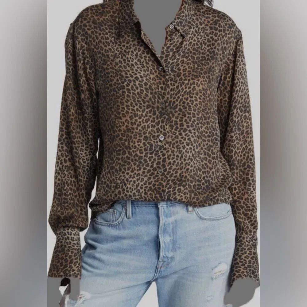 $398 Frame The Standard Shirt Leopard Print Silk Button Down Blouse Size XL